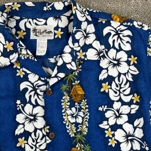 Vintage Howie Hawaiian Shirt Mens XL Blue Floral Tiki Hut Hawaii Aloha Summer